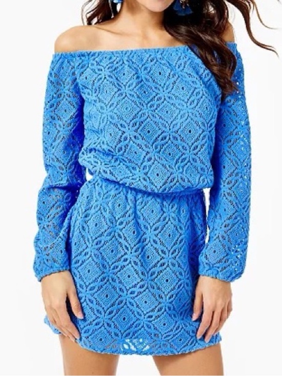 Lilly Pulitzer Dresses & Skirts - Lilly Pulitzer Blue Lana Thistle Trellis Lace Off Shoulder Skort Romper Size L